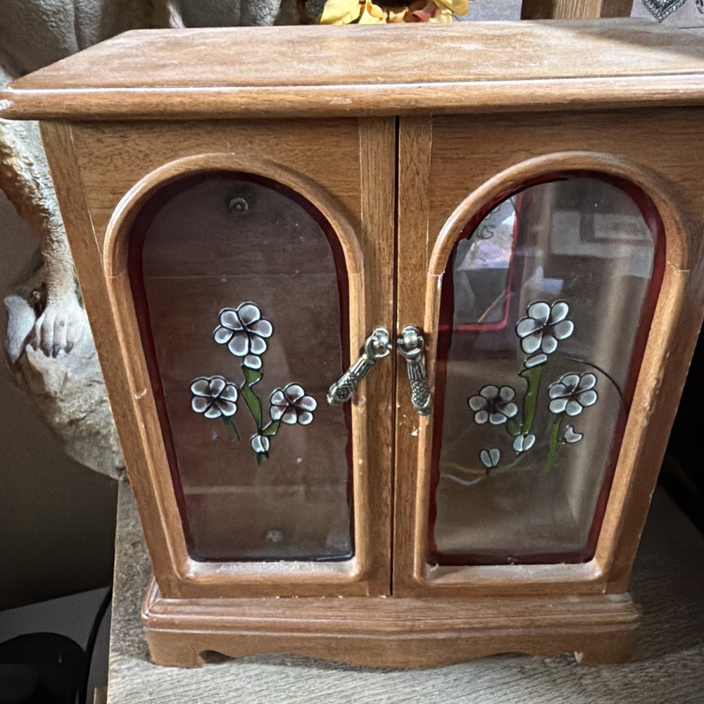 Vintage Wooden Jewelry Box Armoire Necklace Carousel Glass Doors Flowers